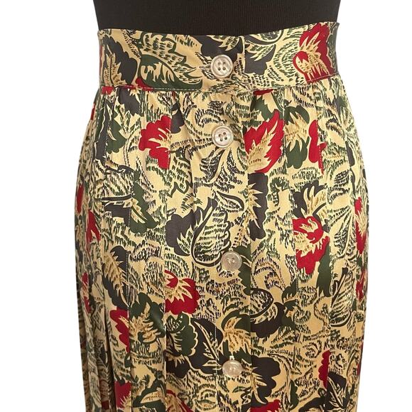 Vintage 80s High Rise Silk Maxi Skirt Box Pleated Button Down Skirt Floral Sz 18 - Picture 5 of 11
